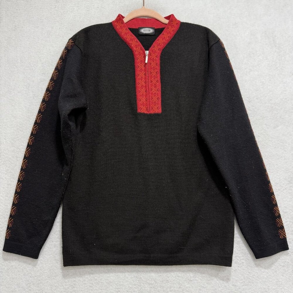 Meister Sweater Mens Medium Black Red Quarter Zip Nordic Knit Pullover Ski Trim